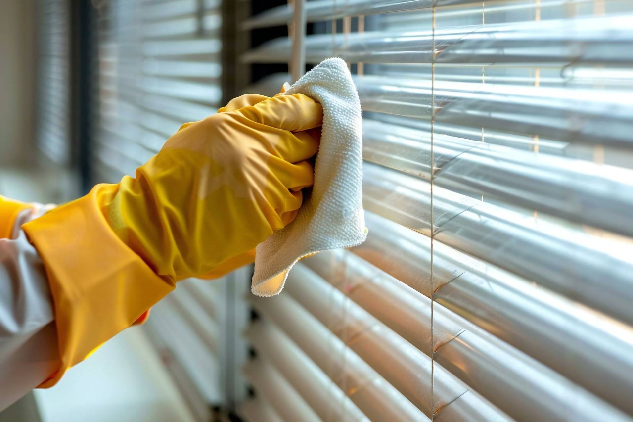 Person cleaning blinds near South Surrey, BC.