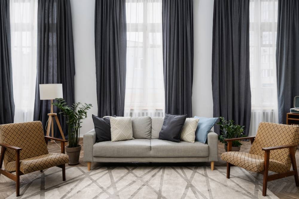 Custom drapery hanging in a living room near White Rock & South Surrey, BC